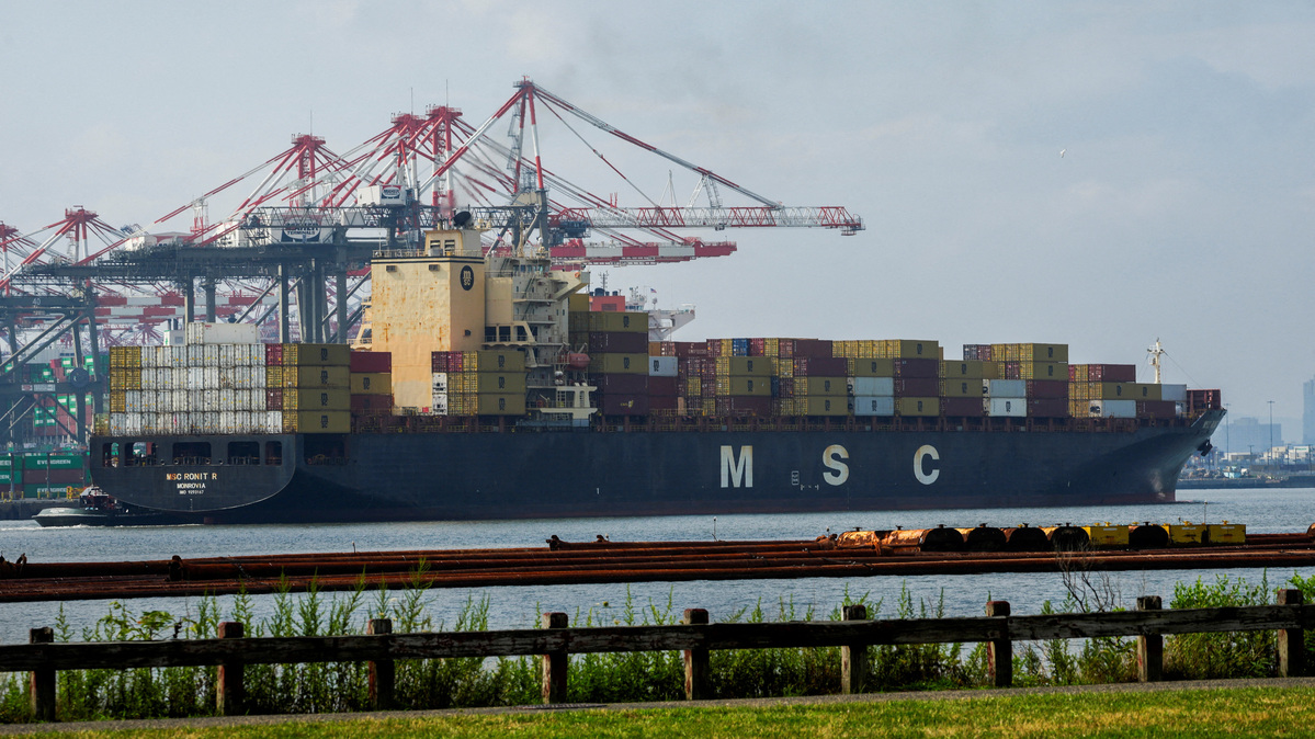 The container ship MSC Ronit R, which departed the French port of Le Havre eight days previously, arrives at the Port Newark Container Terminal in Newark, New Jersey, U.S. July 27, 2025.