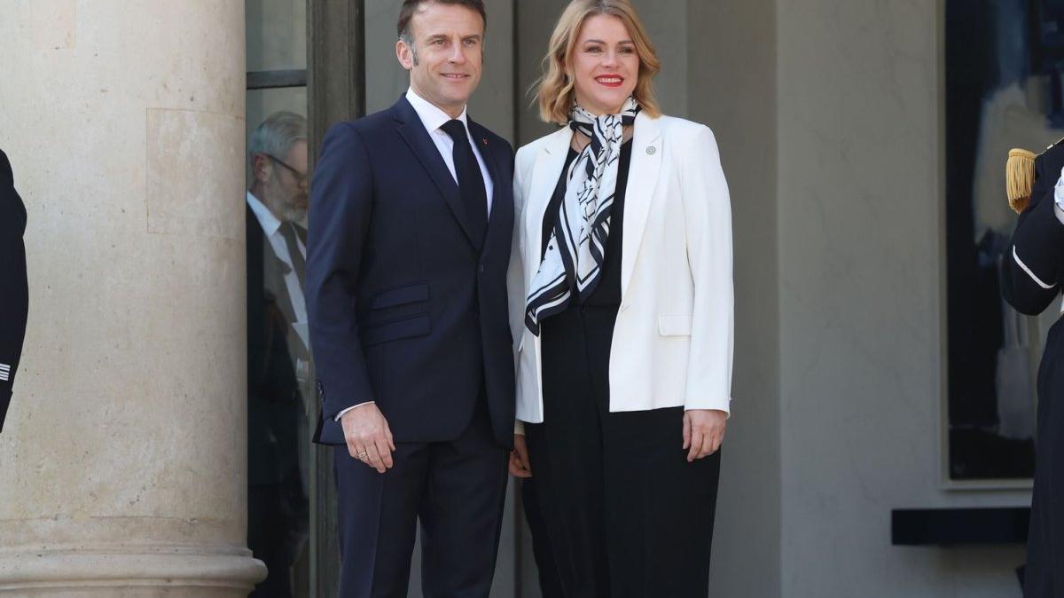 French President Emmanuel Macron greets Latvian Prime Minister Evika Silina at the Elysee Palace in Paris in 2025. Silina resigned Wednesday. File Photo by Maya Vidon-White/UPI