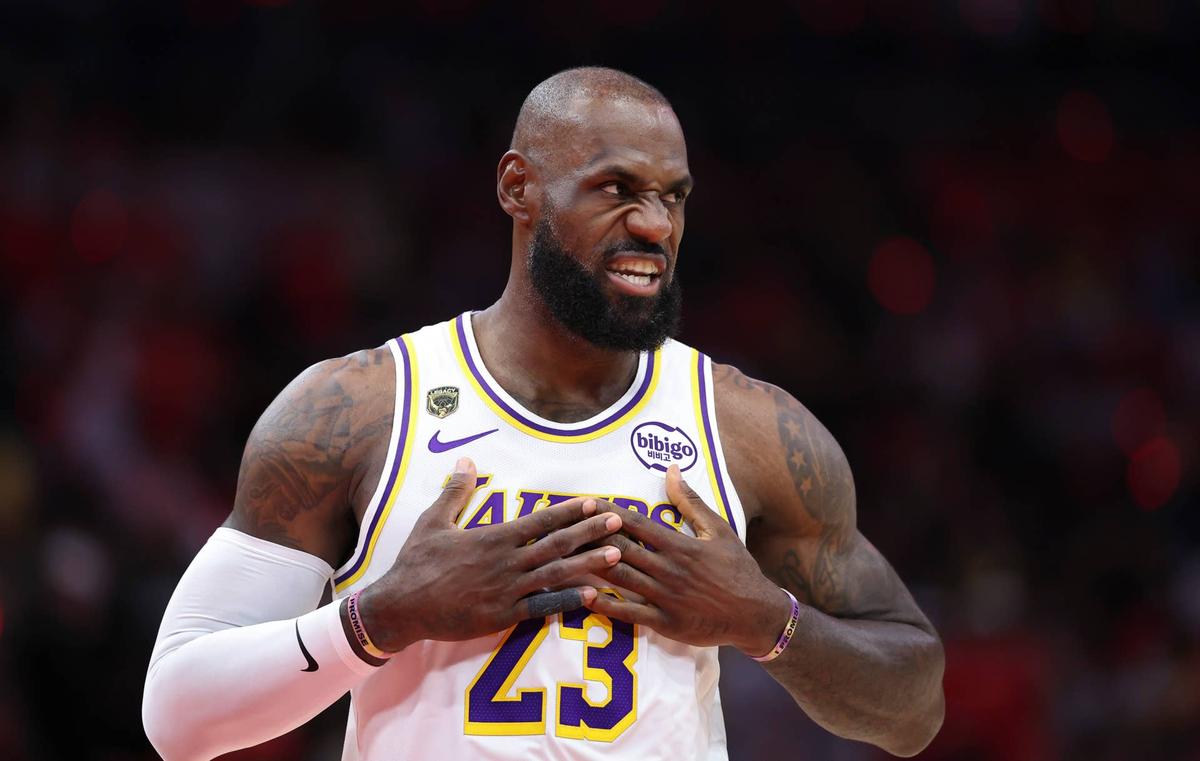  Los Angeles Lakers forward LeBron James reacts before the start of an NBA playoff game. Troy Taormina-Imagn Images