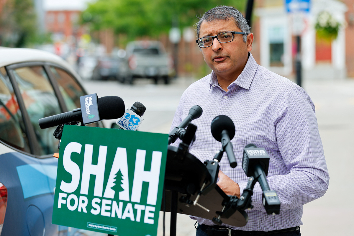Nirav Shah, Democratic candidate for U.S. Senate, speaks at a press conference outside the office of U.S. Senator Susan Collins (R-ME), in Biddeford, Maine, U.S., July 14, 2026. REUTERS/CJ Gunther