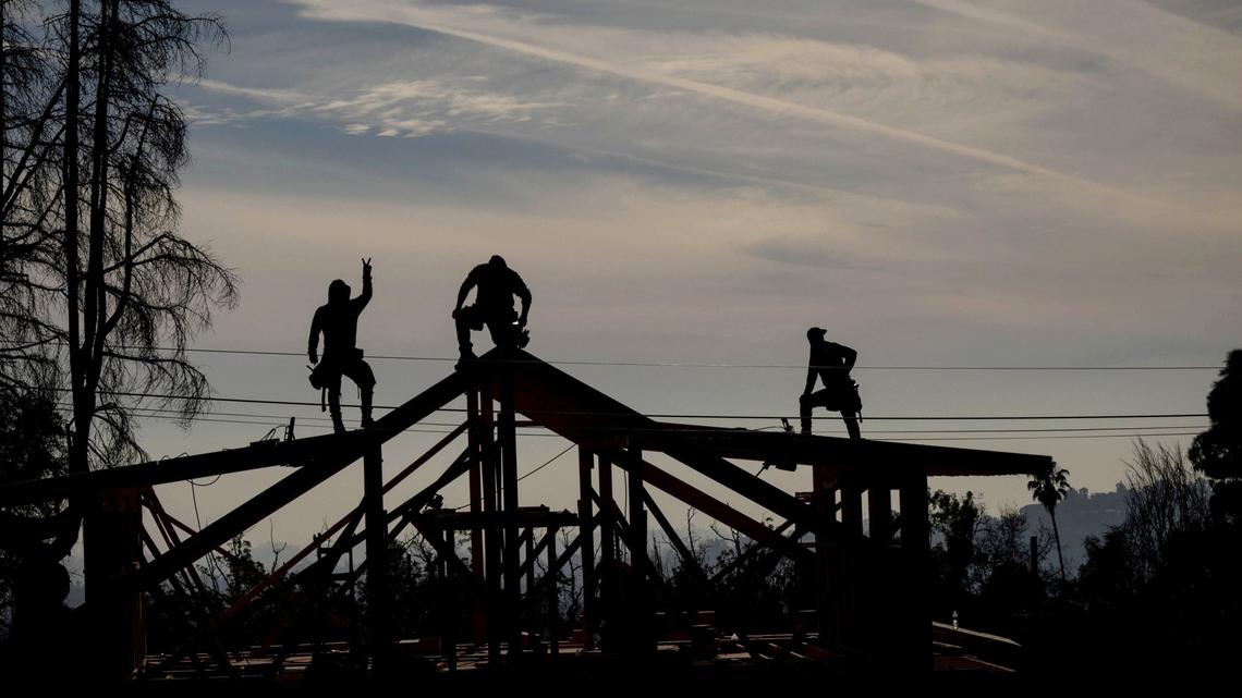 A construction crew frames Andreas Schuberts rebuild of the home he lost in the Eaton fire on Marengo Avenue in Altadena on Monday, December 22, 2025. (Photo by Sarah Reingewirtz, Los Angeles Daily News/SCNG)