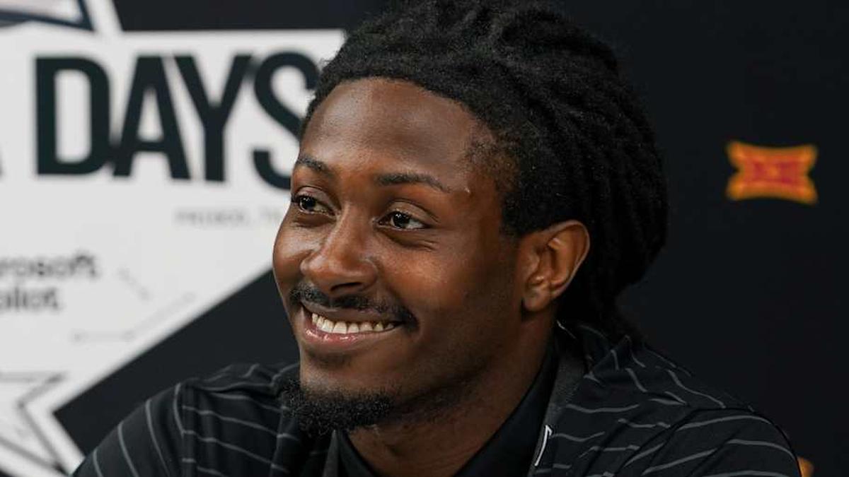  Jul 8, 2025; Frisco, TX, USA; Iowa State defensive back Jontez Williams answers questions from the media during 2025 Big 12 Football Media Days at The Star. | Raymond Carlin III-Imagn Images 