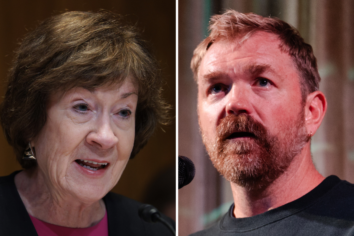  Maine Senator Susan Collins speaks during a subcommittee hearing in Washington, D.C. on May 19, 2026. Graham Platner speaks at a town hall in Ogunquit, Maine on October 22, 2025. 