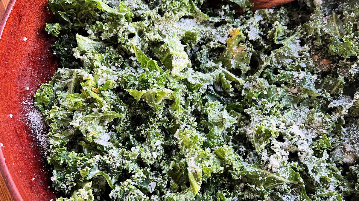 A simple kale salad, topped with grated Pecorino, bread crumbs and a drizzle of olive oil.