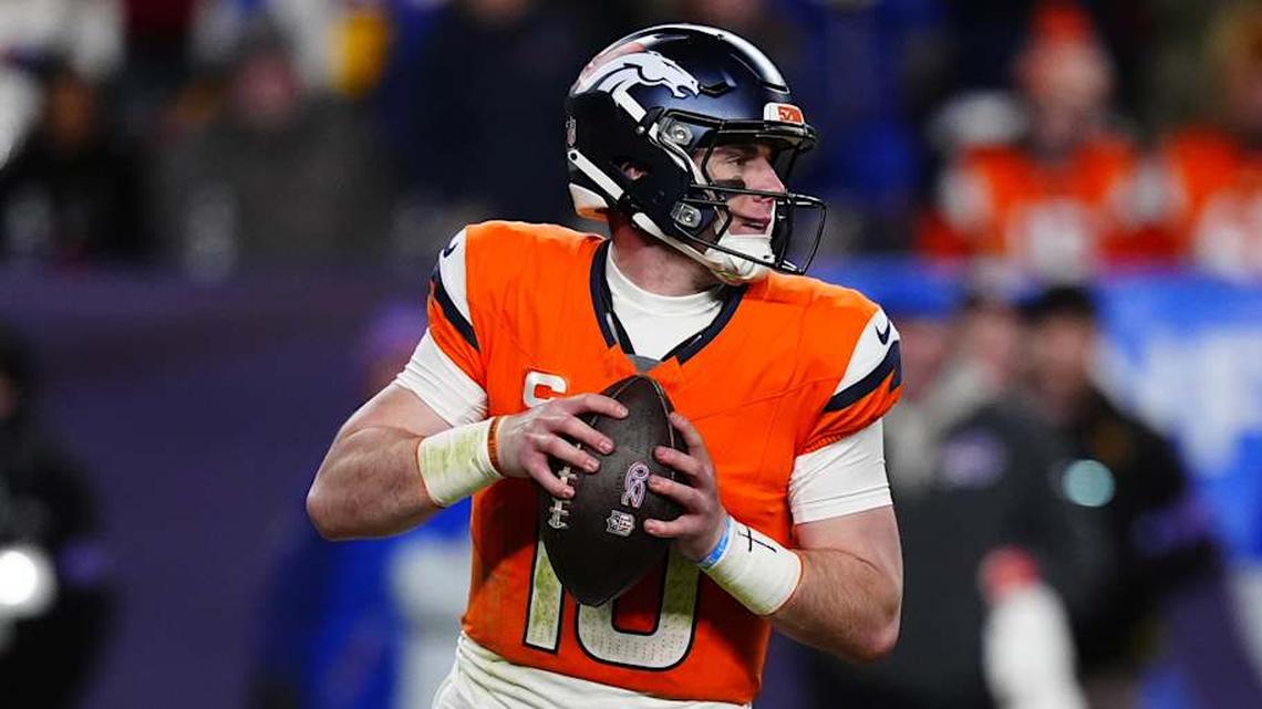  Jan 17, 2026; Denver, CO, USA; Denver Broncos quarterback Bo Nix (10) drops to throw during the fourth quarter of an AFC Divisional Round playoff game against the Buffalo Bills at Empower Field at Mile High. Mandatory Credit: Ron Chenoy-Imagn Images | Ron Chenoy-Imagn Images 