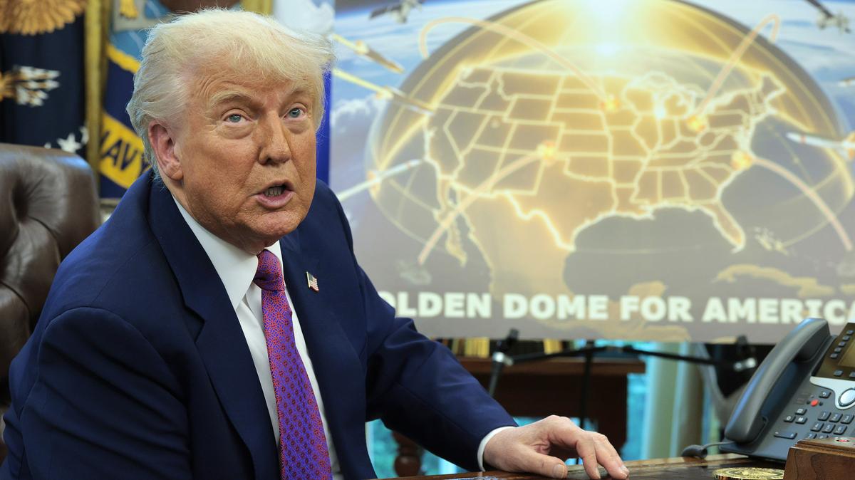 U.S. President Donald Trump speaks in the Oval Office at the White House on May 20, 2025, in Washington, D.C. President Trump announced his plans for the "Golden Dome," a national ballistic and cruise missile defense system. (Chip Somodevilla/Getty Images/TNS)