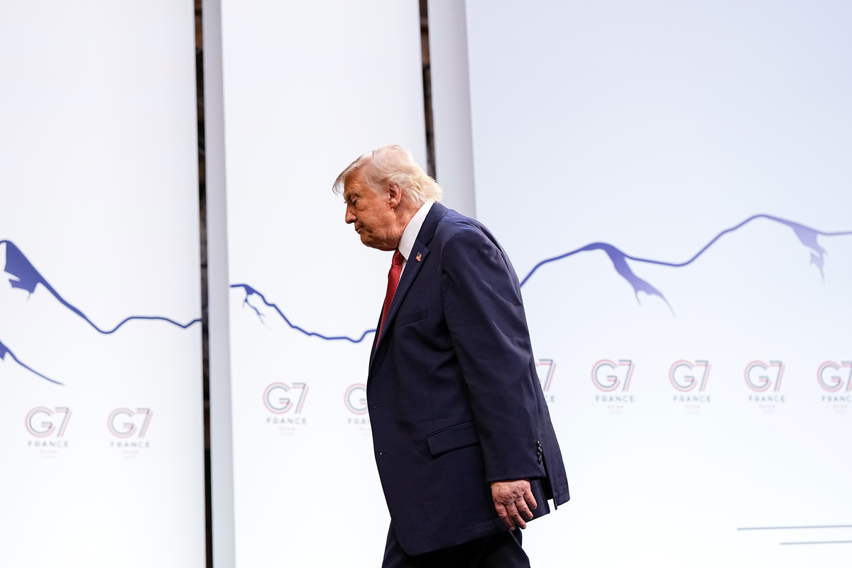 President Donald Trump departs after speaking to reporters at a news conference at the G7 Summit in Evian-les-Bains, France, on Wednesday, June 17, 2026. (Haiyun Jiang/The New York Times)