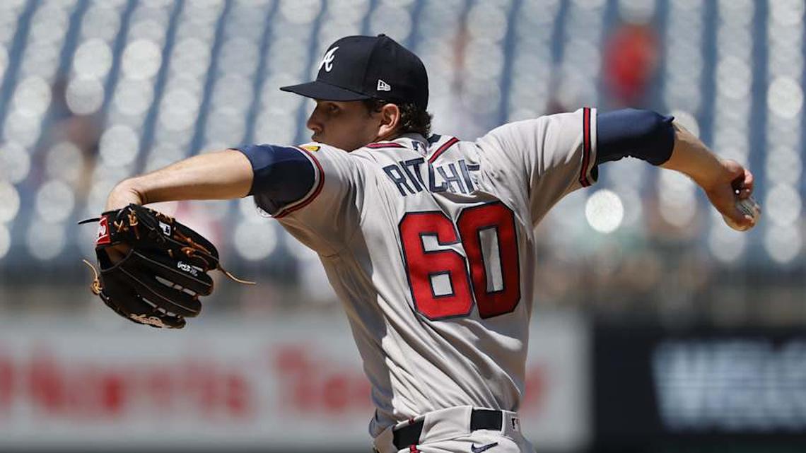  Apr 23, 2026; Washington, District of Columbia, USA; Atlanta Braves starting pitcher JR Ritchie (56) pitches against the Washington Nationals during the sixth inning at Nationals Park. | Geoff Burke-Imagn Images 