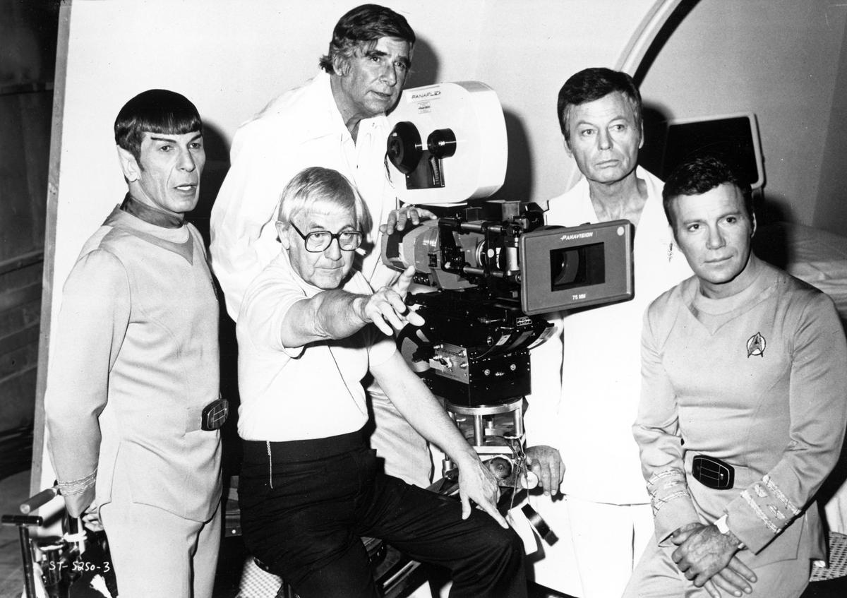 DECEMBER 7: Actors Leonard Nimoy, DeForest Kelley and William Shatner pose for a portrait with writer Gene Roddenberry and director Robert Wise during the filming of the movie Star Trek: The Motion Picture, which was released December 27, 1979, in the United States.Michael Ochs Archives/Getty Images