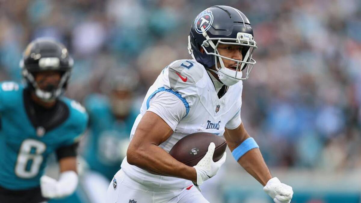  Tennessee Titans wide receiver Elic Ayomanor (5) runs after the catch for a first down against the Jacksonville Jaguars during the first quarter at EverBank Stadium. Mandatory Credit: Morgan Tencza-Imagn Images | Morgan Tencza-Imagn Images 