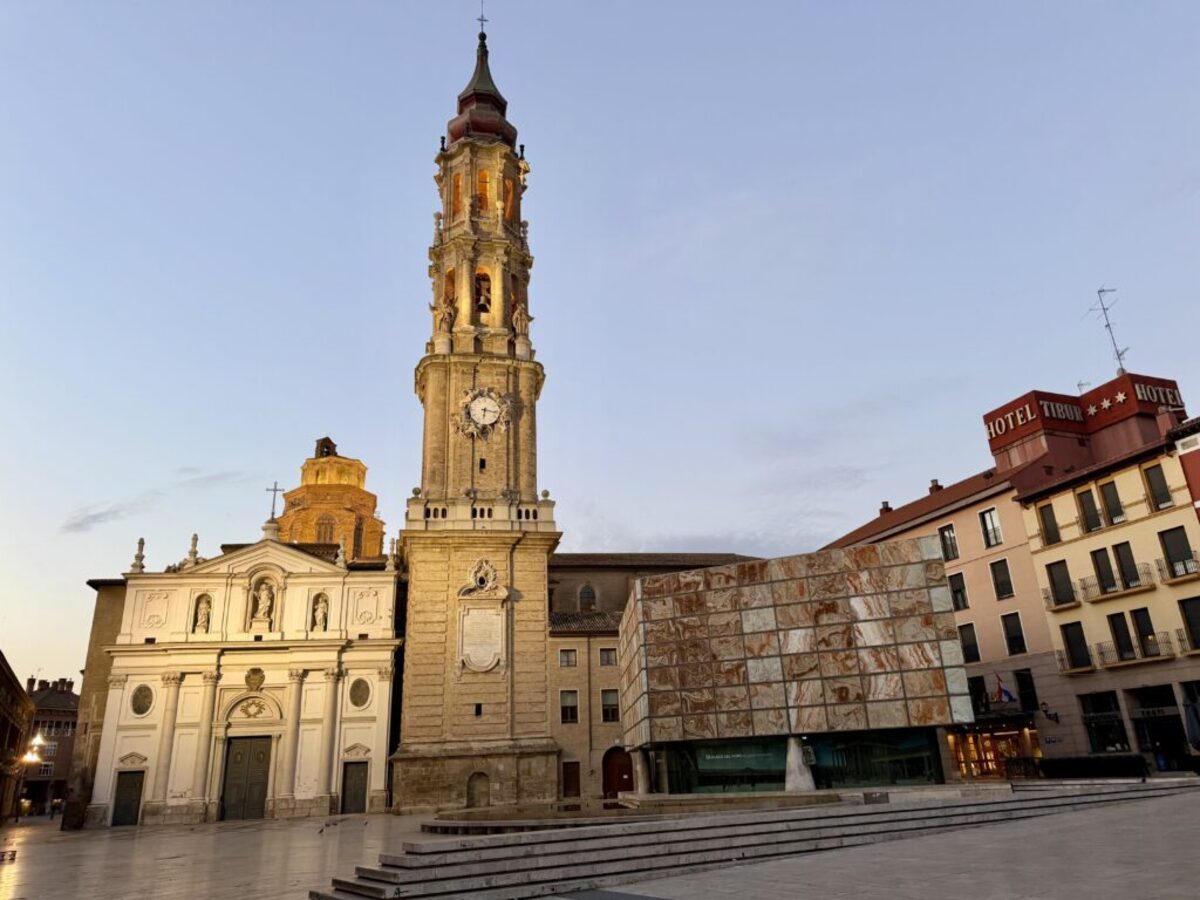 Historic facade of La Seo, one of Zaragoza’s two cathedrals, and the Tapestry Museum in Plaza del Pilar. Photo credit: Cathy Bennett Kopf 