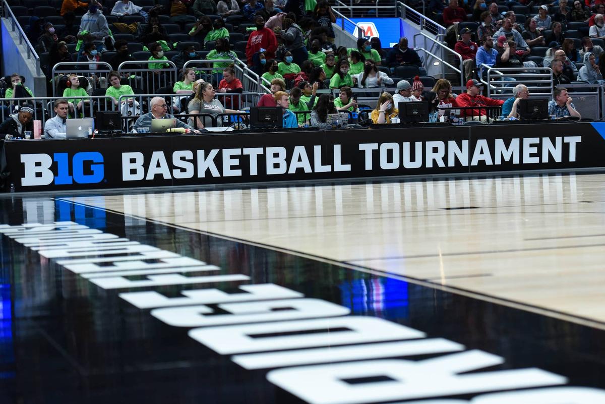  INDIANAPOLIS, IN - MARCH 03: The Big Ten logo during a Big Ten Tournament college basketball game between the Purdue Boilermakers and the Michigan State Spartans on March 3, 2022 at Gainbridge Fieldhouse in Indianapolis, IN. (Photo by James Black/Icon Sportswire via Getty Images) 