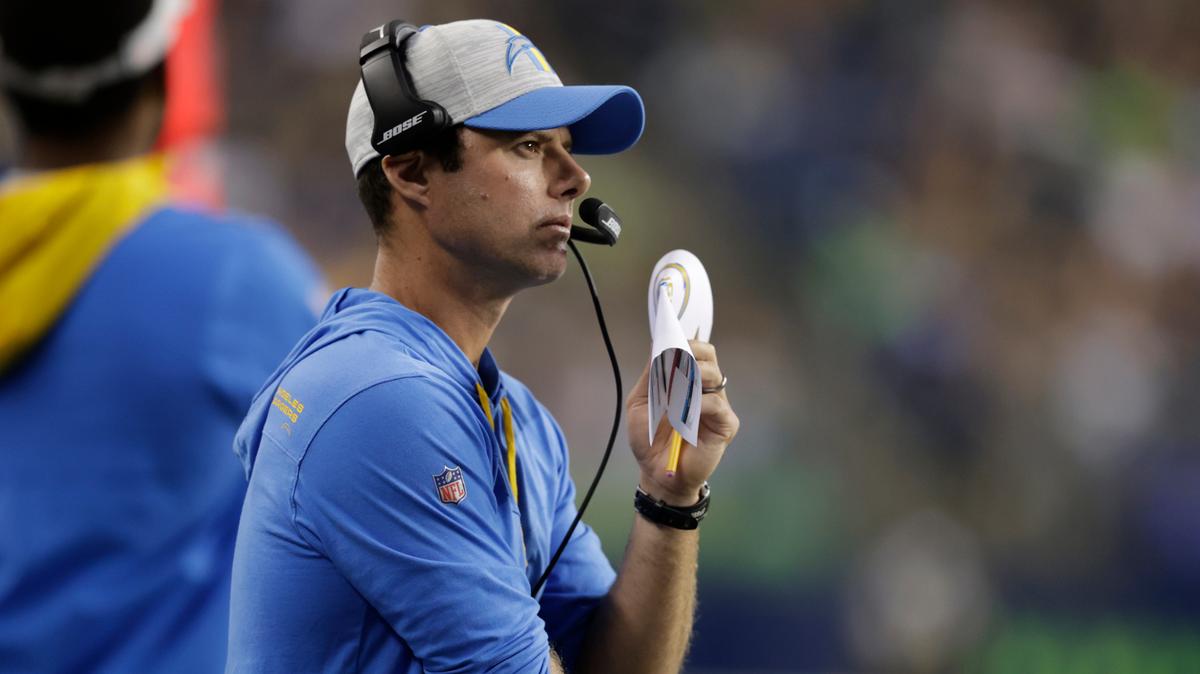 Los Angeles Chargers coach Brandon Staley watches from the sideline during the first half of the team’s NFL football preseason game against the Seattle Seahawks, Saturday, Aug. 28, 2021, in Seattle. (AP Photo/John Froschauer)