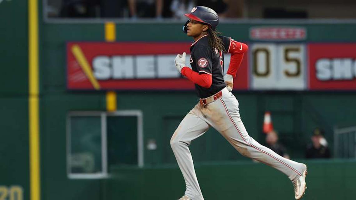  Apr 14, 2026; Pittsburgh, Pennsylvania, USA; Washington Nationals shortstop CJ Abrams (5) circles the bases on a solo home run against the Pittsburgh Pirates during the third inning at PNC Park. | Charles LeClaire-Imagn Images 
