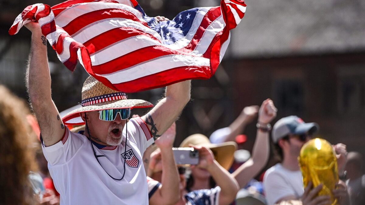 Pat Nelson of Whitehall celebrates after United States scores a goal Friday, June 19, 2026, to  defeat Australia 2-0  and reach World Cup knockouts during the Lehigh Valley SoccerFest and Viewing Party at SteelStacks in Bethlehem. (Monica Cabrera/The Morning Call)