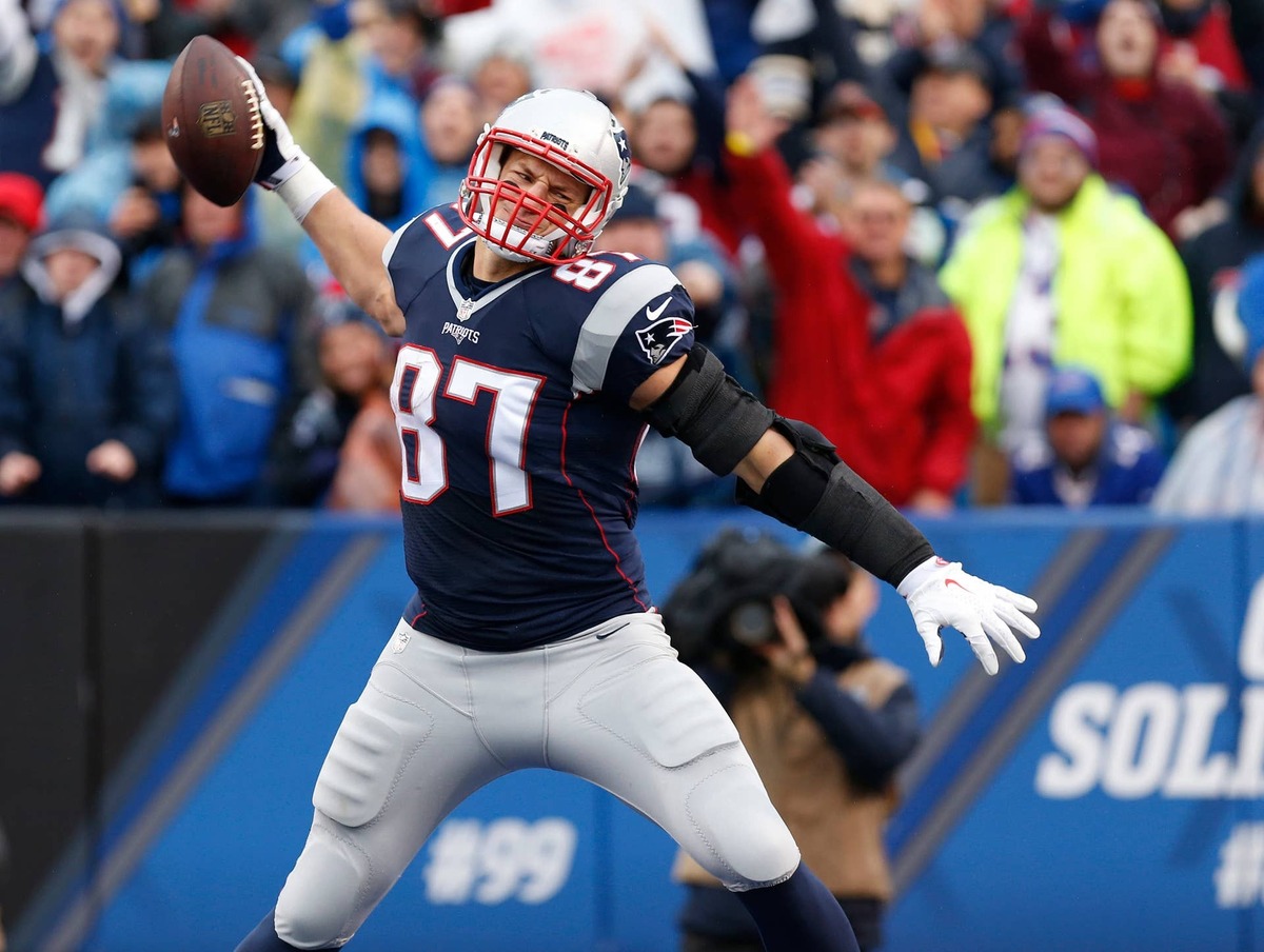  New England Patriots tight end Rob Gronkowski (87) celebrates by spiking the ball after scoring a touchdown during the first half against the Buffalo Bills on Oct. 30, 2016. Kevin Hoffman-USA TODAY Sports