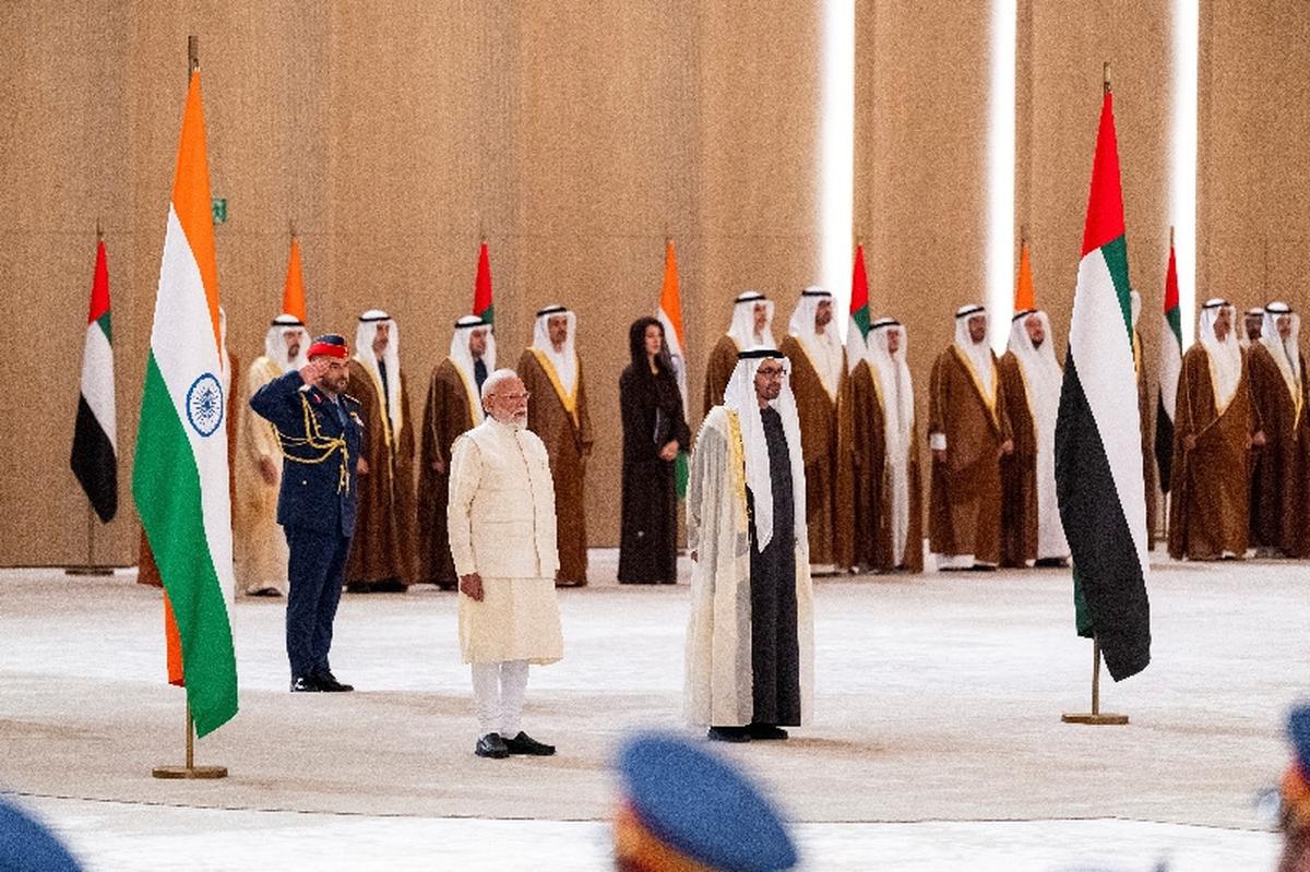 Indian Prime Minister Narendra Modi and President of the United Arab Emirates Mohamed bin Zayed Al Nahyan stand for the national anthem during an official visit at the Presidential Airport, in Abu Dhabi, United Arab Emirates May 15, 2026. Abdulla Al Bedwawi/UAE Presidential Court/Handout via REUTERS