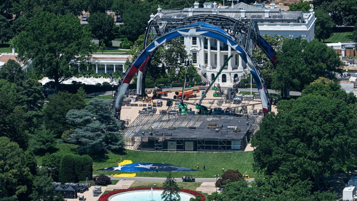 Workers construct the octagon for the upcoming Ultimate Fighting Championship match on the South Lawn of the White House in Washington, D.C., on May 29. Photo by Aaron Schwartz/UPI