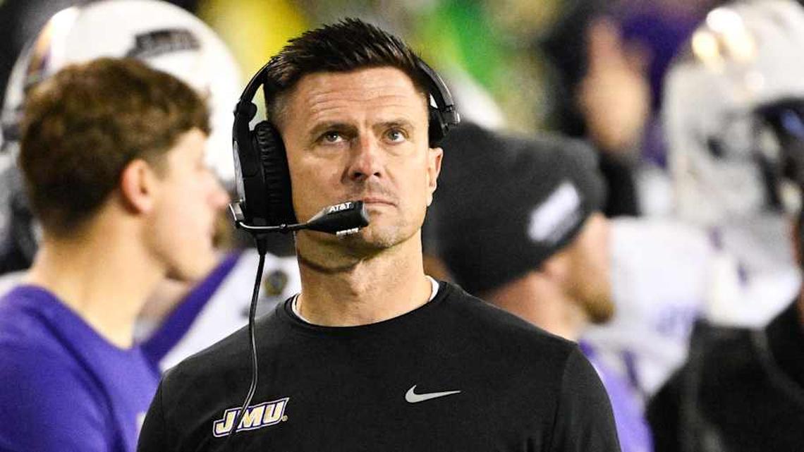  Dec 20, 2025; Eugene, OR, USA; James Madison Dukes head coach Bob Chesney looks on during the second quarter against the Oregon Ducks at Autzen Stadium. Mandatory Credit: Troy Wayrynen-Imagn Images | Troy Wayrynen-Imagn Images 