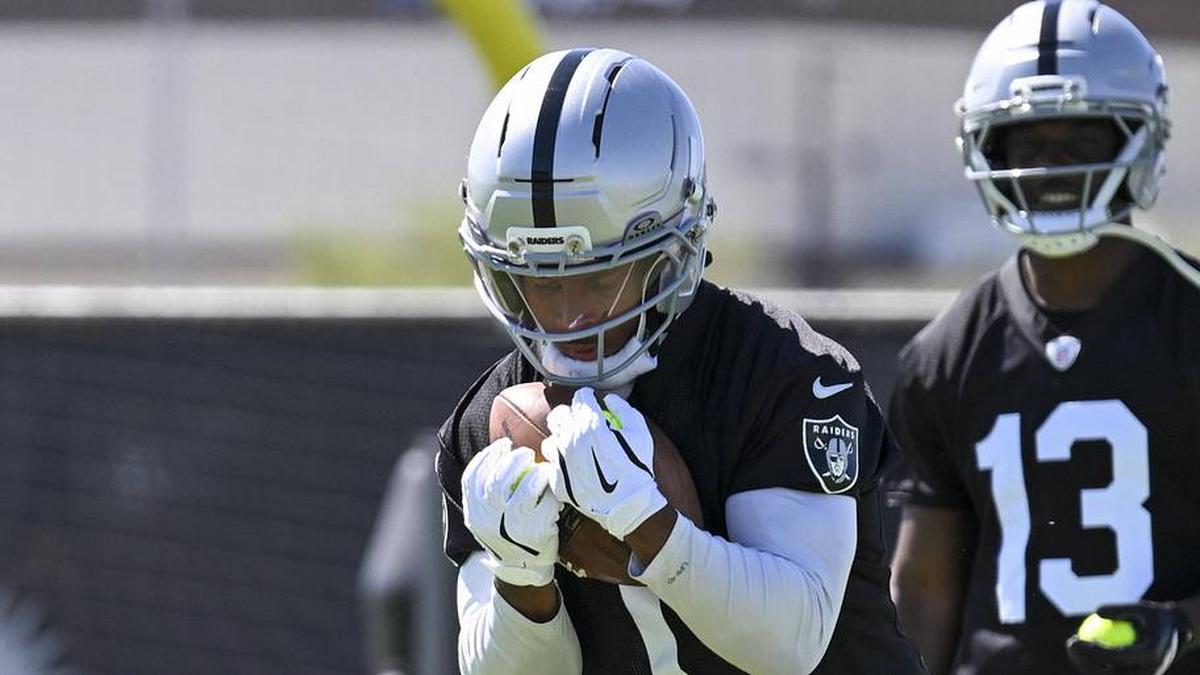  May 20, 2026; Henderson, NV, USA; Las Vegas Raiders wide receiver Tre Tucker (1) practices during organized team activities at Intermountain Health Performance Center. Mandatory Credit: Candice Ward-Imagn Images | Candice Ward-Imagn Images 