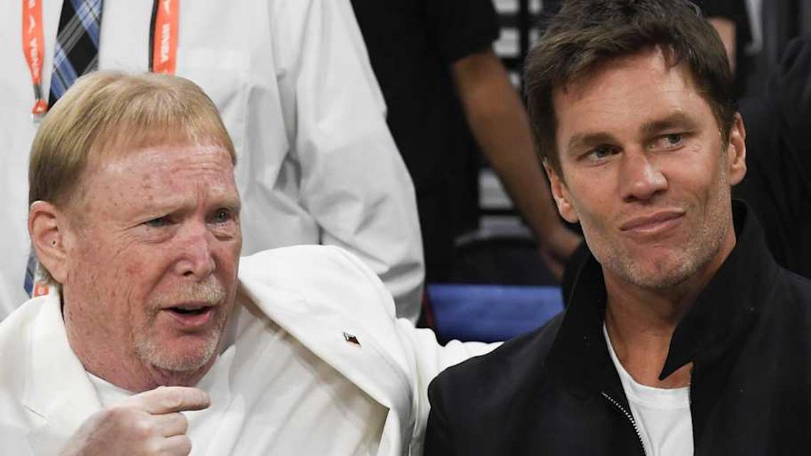  Oct 8, 2023; Las Vegas, Nevada, USA; Las Vegas Aces owner Mark Davis and part-owner Tom Brady talk before the game between the Las Vegas Aces and the New York Liberty during game one of the 2023 WNBA Finals at Michelob Ultra Arena. Mandatory Credit: Candice Ward-Imagn Images | Candice Ward-Imagn Images 