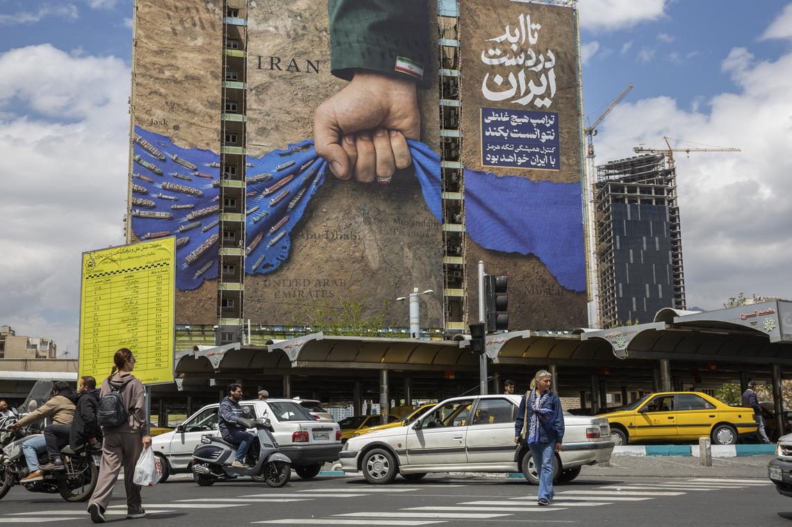 A mural depicting the Straight of Hormuz in Tehran, April 13, 2026. For the fourth time since the war with Iran began, GOP senators on Wednesday successfully fended off a challenge to constrain the president in the conflict. But signs of unease set up a test for how long the enduring support will be able to withstand sustained pressure. (Arash Khamooshi/The New York Times)