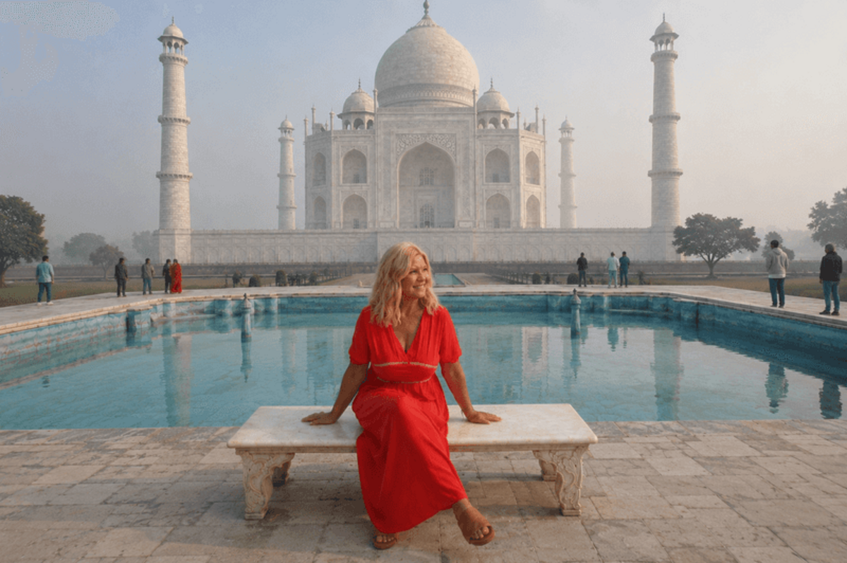  Sitting in front of the Taj Mahal on a misty morning in Agra felt surreal. Photo credit: Shelly Peterson 