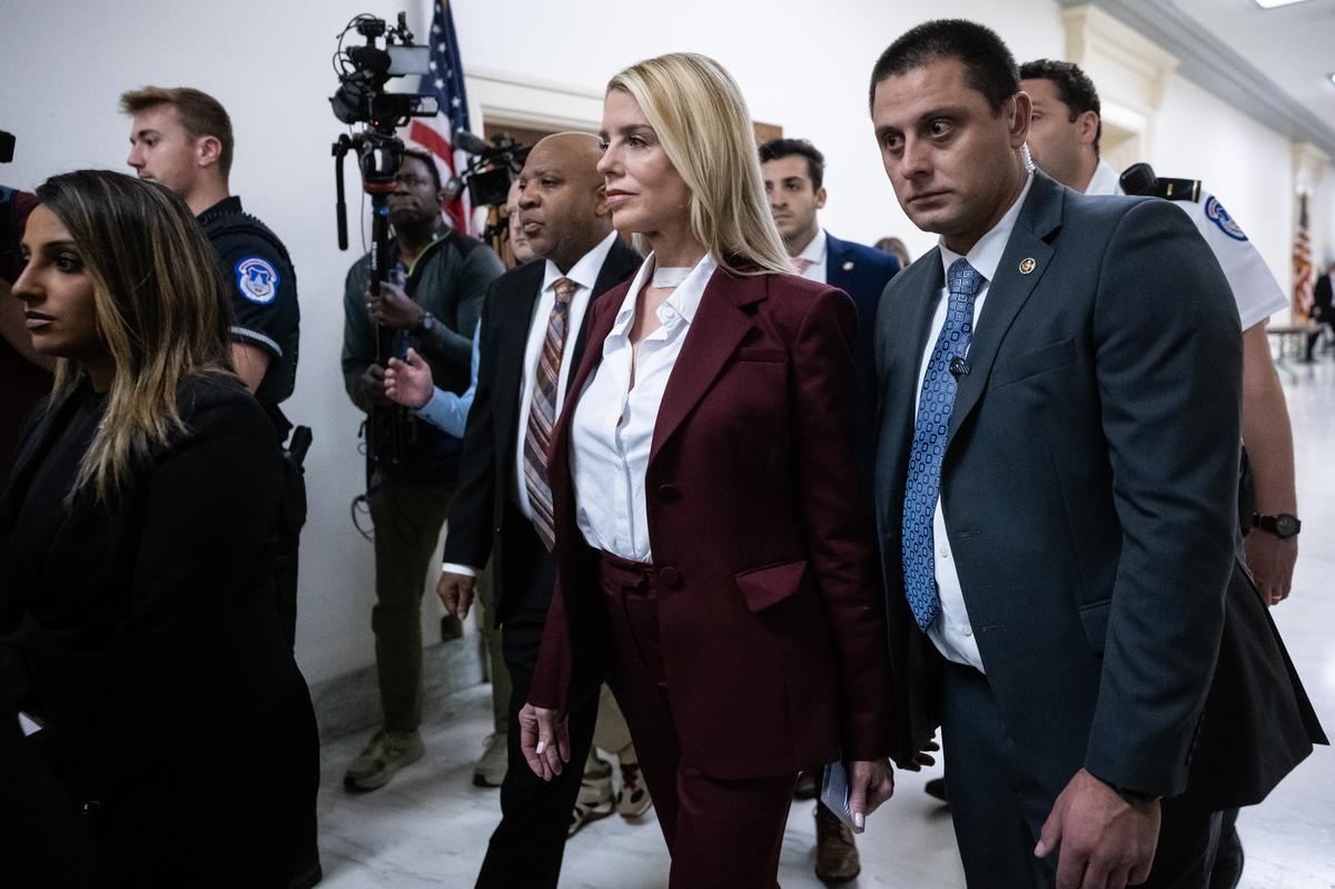  Former Attorney General Pam Bondi arrives for a closed interview with the House Oversight Committee on Capitol Hill on May 29, 2026. 