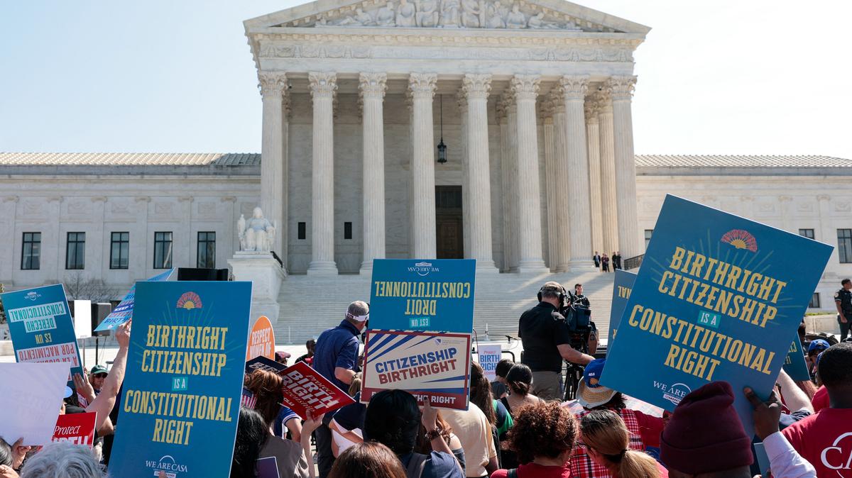 Demonstrators rally in support of birthright citizenship outside the U.S. Supreme Court as President Donald Trump attends oral arguments in Washington on April 1. The court finished the last of its arguments for the term last week, and the justices now turn to the dozens of cases they are expected to decide by the conclusion of the term at the end of June.