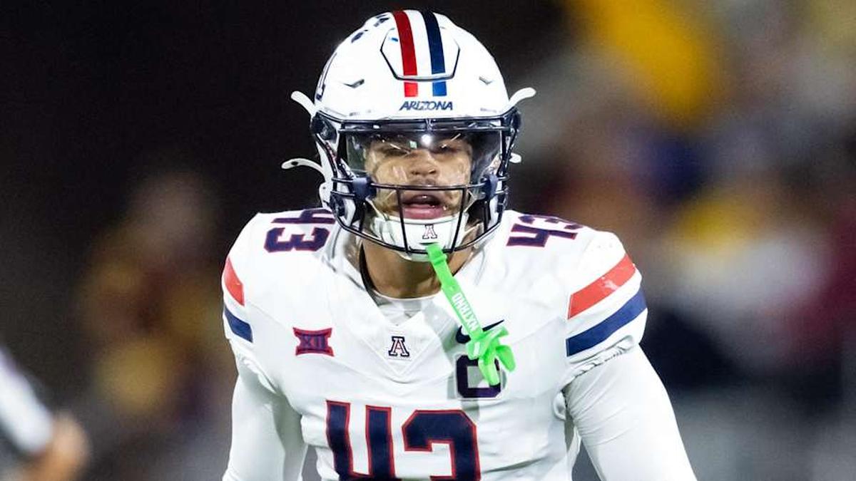  Nov 28, 2025; Tempe, Arizona, USA; Arizona Wildcats defensive back Dalton Johnson (43) against the Arizona State Sun Devils during the 99th Territorial Cup at Mountain America Stadium. Mandatory Credit: Mark J. Rebilas-Imagn Images | Mark J. Rebilas-Imagn Images 