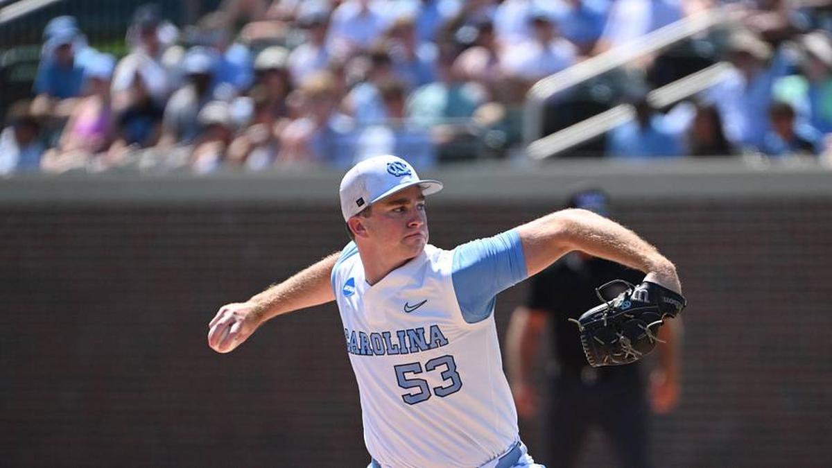  Jun 5, 2026; Chapel Hill, NC, USA; North Carolina Tar Heels pitcher Ryan Lynch (53) pitches the ball to the USC Trojans during the first inning at Boshamer Stadium. Mandatory Credit: Zachary Taft-Imagn Images | Zachary Taft-Imagn Images 