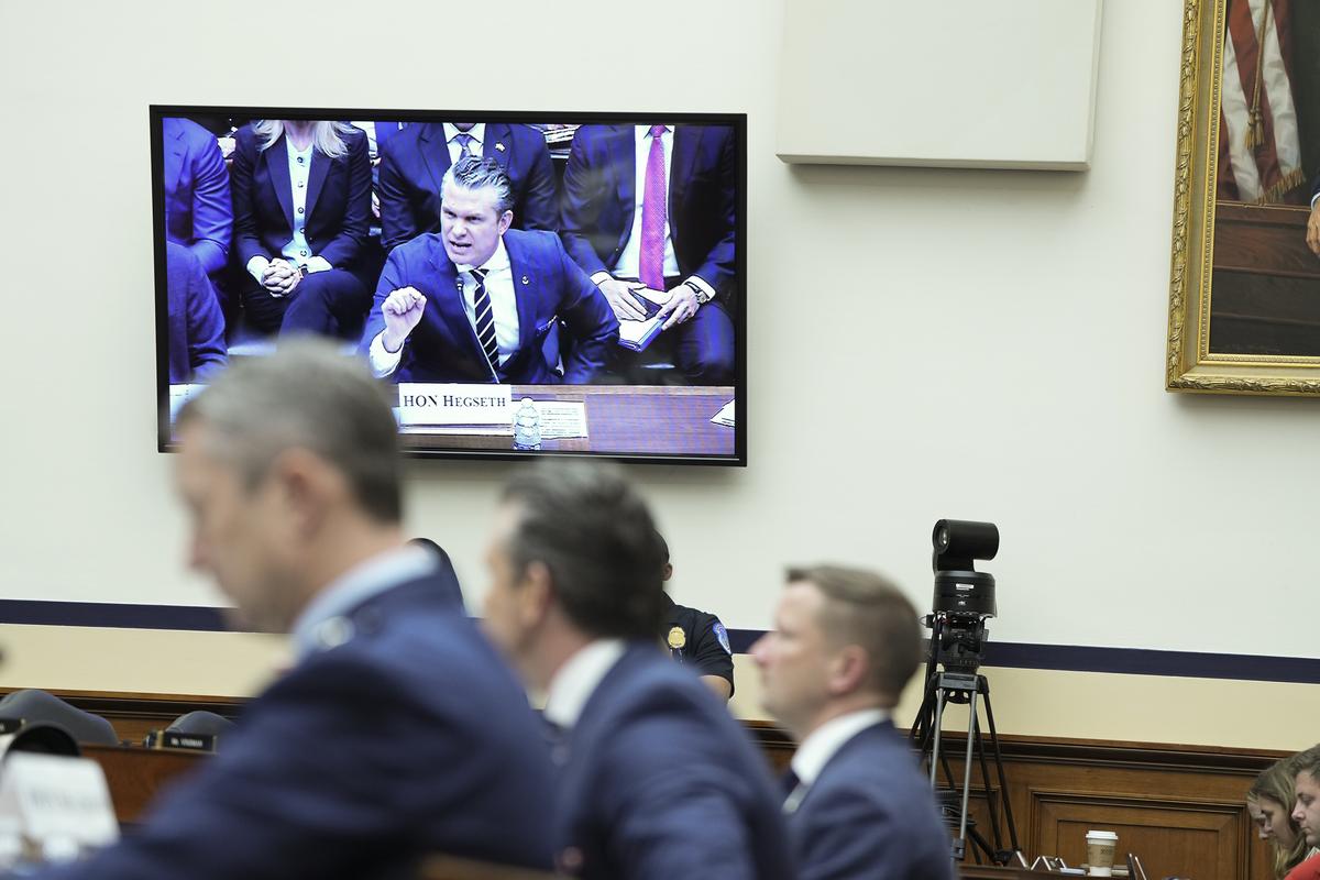 A television displays Defense Secretary Pete Hegseth as he testifies during a House Armed Services Committee hearing on the Department of Defense's budget request on Capitol Hill in Washington, on Wednesday, April 29, 2026. (Haiyun Jiang/The New York Times)