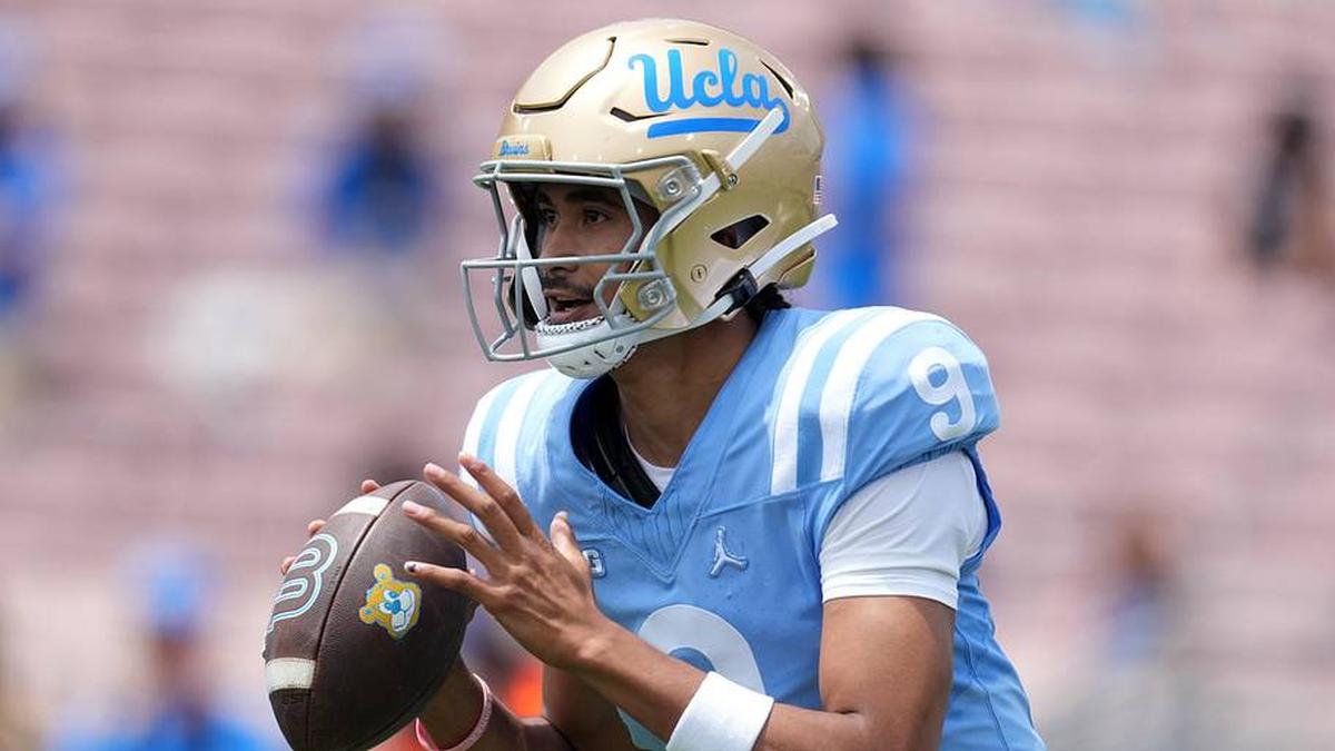  May 2, 2026; Pasadena, CA, USA; UCLA Bruins quarterback Nico Iamaleava (9) throws the ball during the spring game at Rose Bowl. Mandatory Credit: Kirby Lee-Imagn Images | Kirby Lee-Imagn Images 