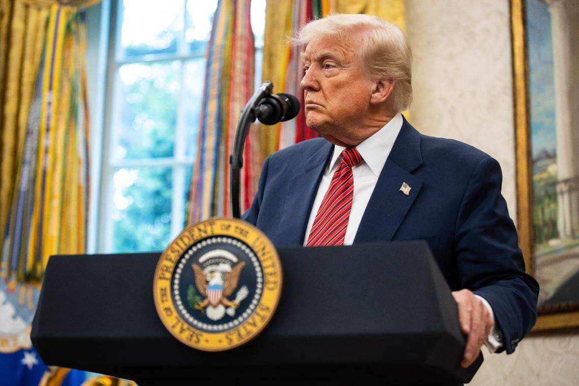 President Donald Trump answers questions from reporters on Wednesday at the White House in Washington, D.C.