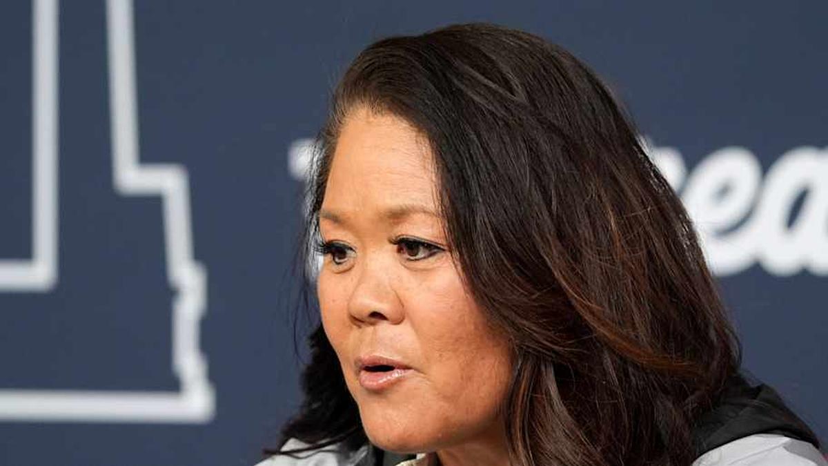  UCLA's Kelly Inouye-Perez speaks during a press conference at media and practice day for the Women's College World Series at Devon Park in Oklahoma City, Wednesday, May, 28, 2025. | SARAH PHIPPS/THE OKLAHOMAN / USA TODAY NETWORK via Imagn Images 