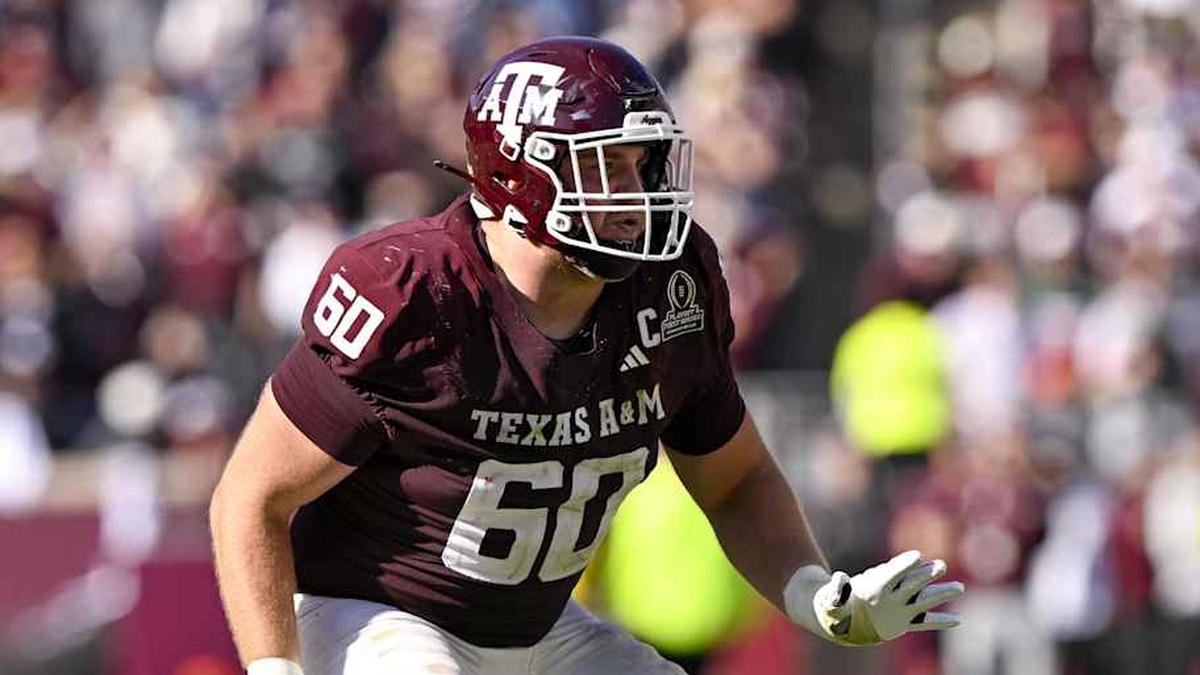  Dec 20, 2025; College Station, TX, USA; Texas A&M Aggies offensive lineman Trey Zuhn III (60) blocks the rush during the game between the Aggies and the Hurricanes at Kyle Field. Mandatory Credit: Jerome Miron-Imagn Images | Jerome Miron-Imagn Images 