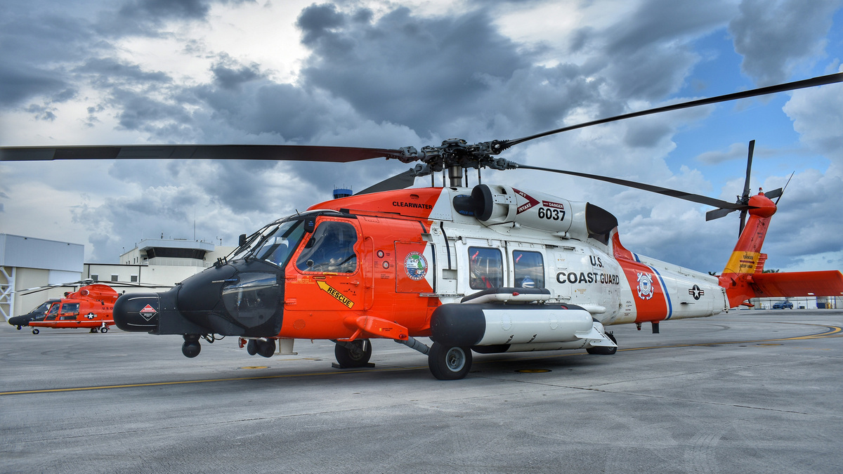 A Coast Guard MH-60 Jayhawk helicopter visits Coast Guard Air Station Miami at Opa-locka Executive Airport in Florida, June 4, 2018. (Auxiliarist Joseph Feldman/U.S. Coast Guard/TNS)