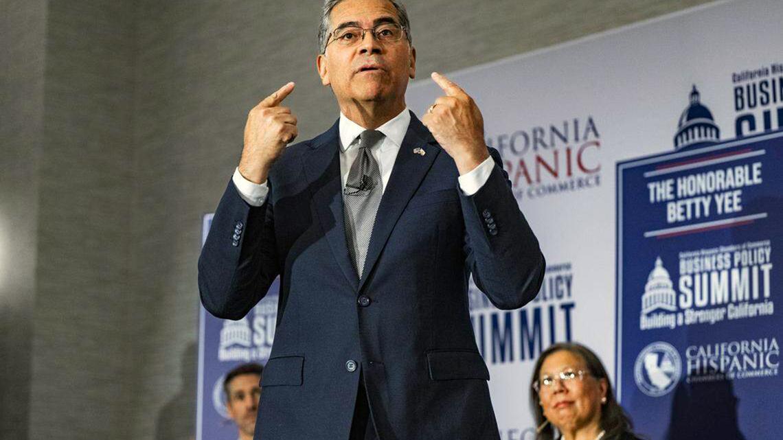 Gubernatorial candidate Xavier Becerra speaks during a candidate forum by the California Hispanic Chambers of Commerce in Sacramento on April 14. The former California Attorney General and U.S. Secretary of Health had a good week in the polls after former Rep. Eric Swalwell dropped out of the race amid sexual assault allegations.