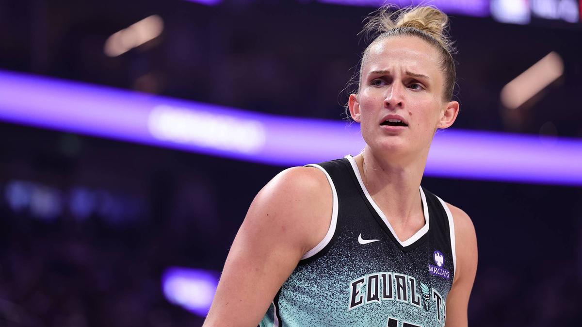 New York Liberty forward Leonie Fiebich (13) reacts to a call during a game.