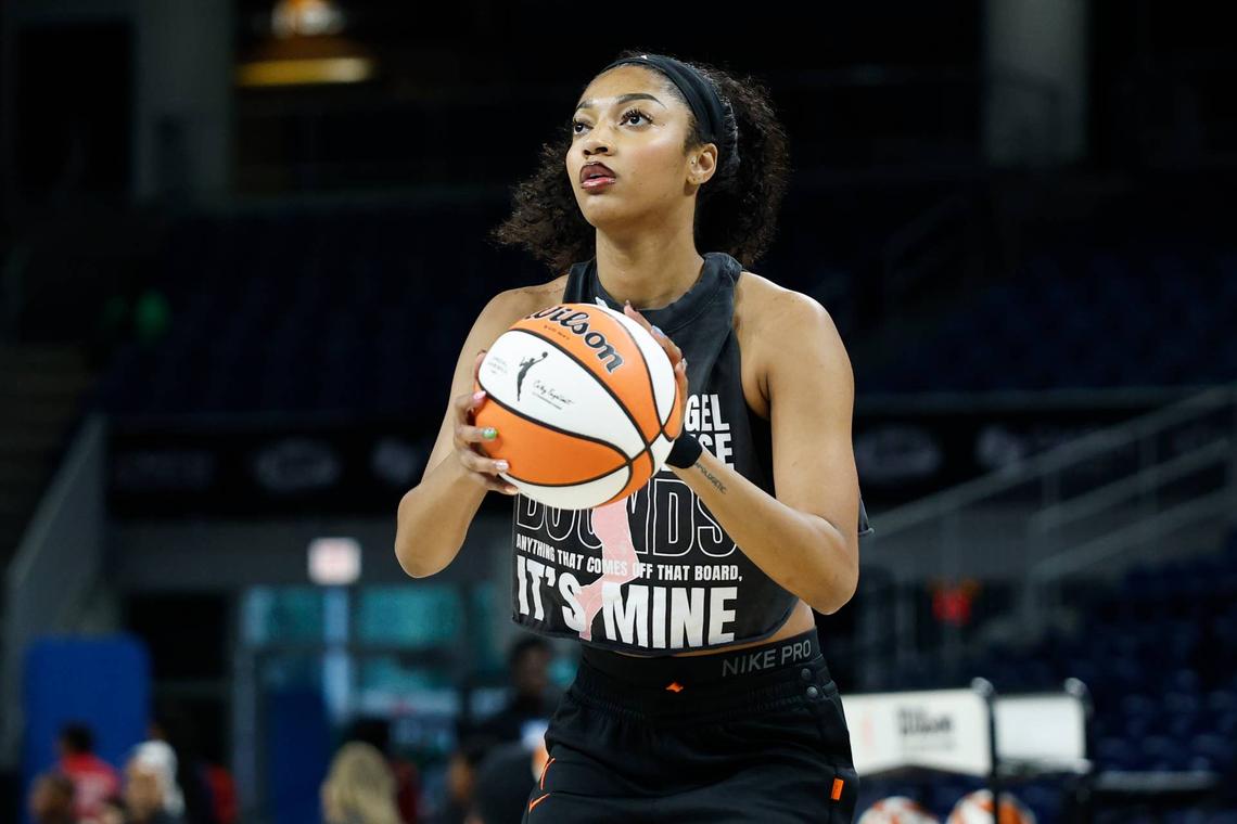  Sep 3, 2025; Chicago, Illinois, USA; Chicago Sky forward Angel Reese (5) warms up before a WNBA game against the Connecticut Sun at Wintrust Arena. Mandatory Credit: Kamil Krzaczynski-Imagn Images 