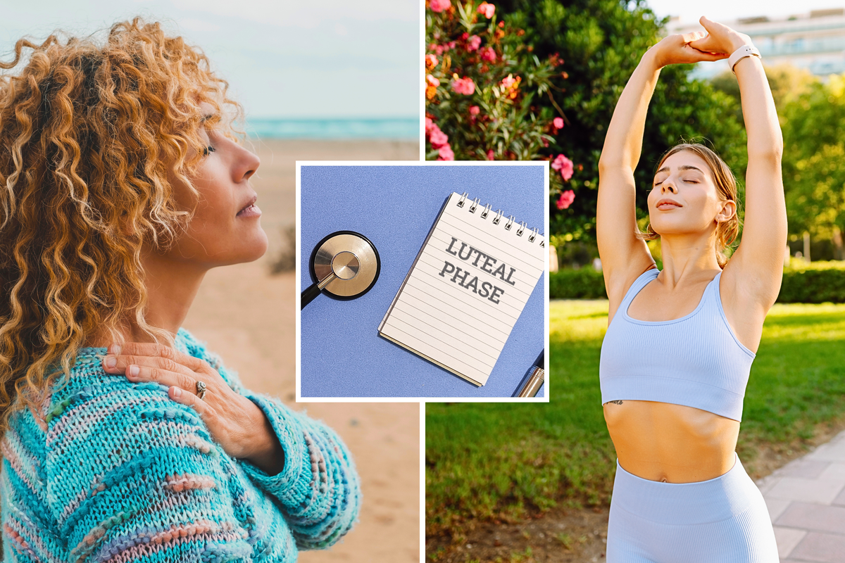  A woman exhales and a woman stretches. Inset: an illustration reading “luteal phase.” 