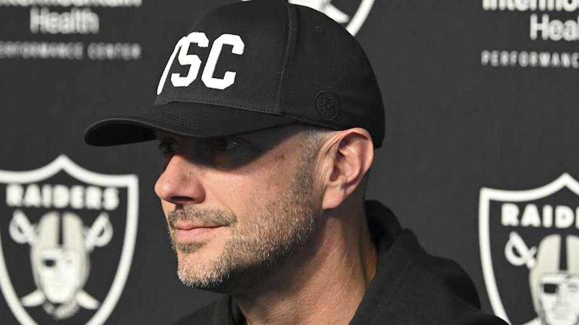  Apr 25, 2025; Henderson, NV, USA; (L-R) Las Vegas Raiders general manager John Spytek during a news conference introducing Ashton Jeanty as the first round draft pick in the 2025 NFL Draft at Intermountain Health Performance Center. Mandatory Credit: Candice Ward-Imagn Images | Candice Ward-Imagn Images 