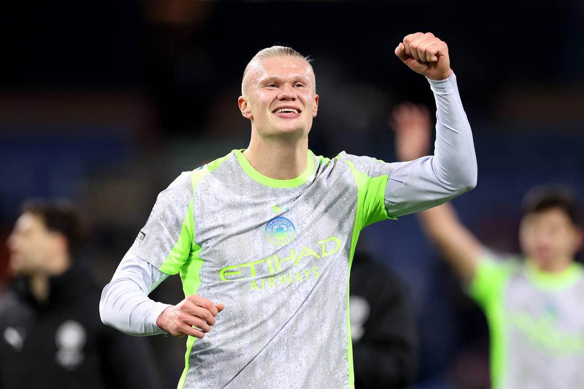  Erling Haaland of Manchester City celebrates after the team's victory in the Premier League match between Burnley and Manchester City at Turf Moor on April 22, 2026 in Burnley, England. (Photo by Alex Livesey/Getty Images) Photo by Alex Livesey/Getty Images