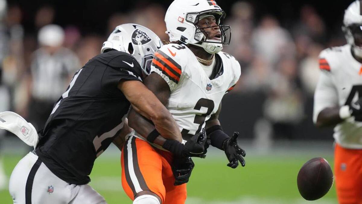  Nov 23, 2025; Paradise, Nevada, USA; Las Vegas Raiders safety Jeremy Chinn (11) tackles Cleveland Browns wide receiver Jerry Jeudy (3) in the first half at Allegiant Stadium. Mandatory Credit: Kirby Lee-Imagn Images | Kirby Lee-Imagn Images 
