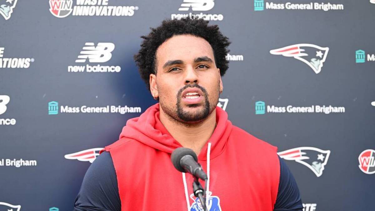  Jun 10, 2026; Foxborough, MA, USA; New England Patriots guard Alijah Vera-Tucker (75) speaks to the media after minicamp at Gillette Stadium. Mandatory Credit: Eric Canha-Imagn Images | Eric Canha-Imagn Images 