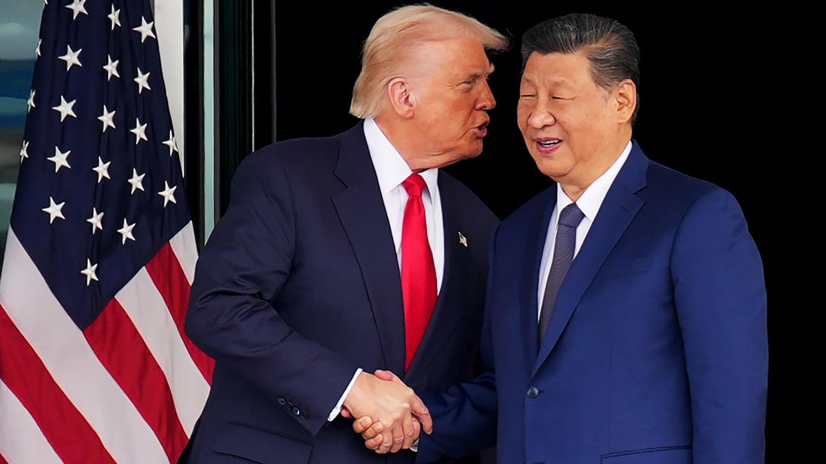 U.S. President Donald Trump and Chinese President Xi Jinping shake hands as they depart following a bilateral meeting at Gimhae Air Base on Oct. 30, 2025, in Busan, South Korea. (Andrew Harnik/Getty Images/TNS)