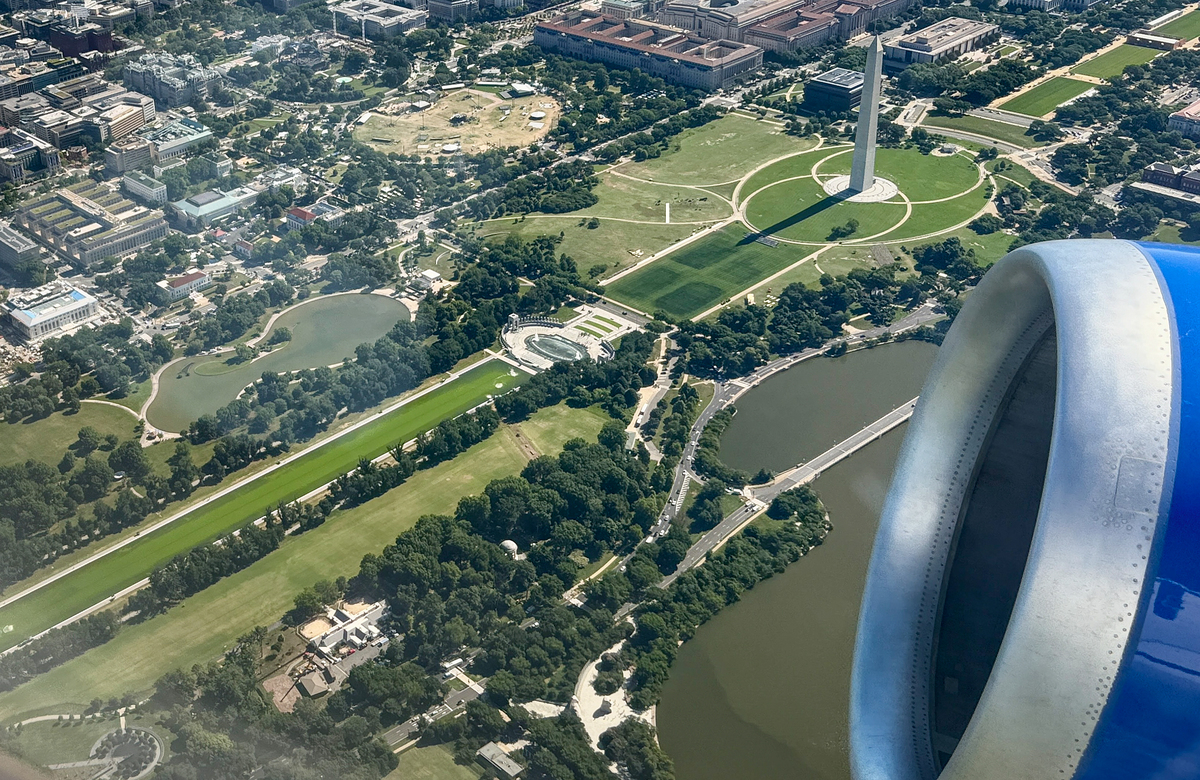  Aerial photo of water in the Lincoln Memorial Reflecting Pool from a departing flight from Ronald Reagan National Airport on June 16, 2026 in Washington, D.C. 