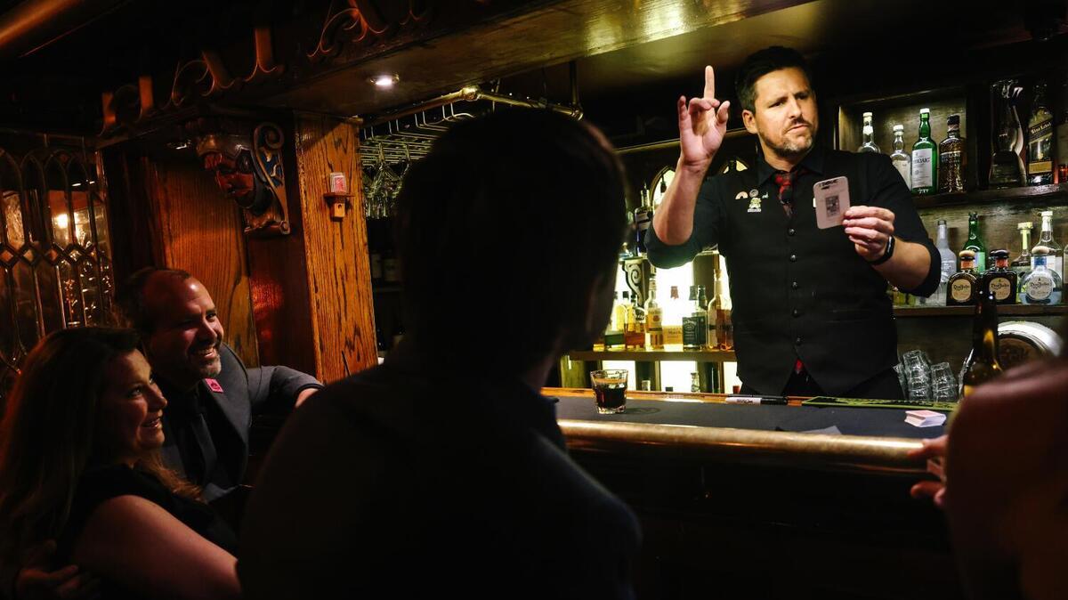 Nick Dopuch performs in the Hat & Hare Pub at the Magic Castle on Tuesday, May 30, 2023, in Los Angeles.