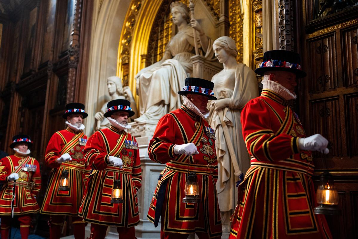 LONDON, ENGLAND - MAY 13: Yeoman warders take part in the ceremonial search ahead of the state opening of Parliament at the Houses of Parliament on May 13, 2026 in London, England.   Carl Court/Pool via REUTERS