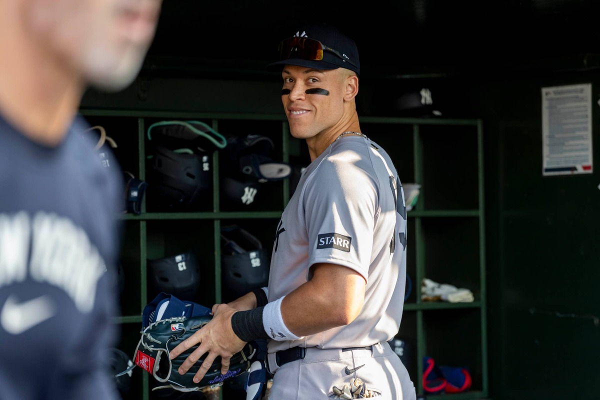  May 29, 2026; West Sacramento, California, USA; New York Yankees right fielder Aaron Judge (99) stands in the dugout before the start of the game against the Athletics at Sutter Health Park. Mandatory Credit: Cary Edmondson-Imagn Images 